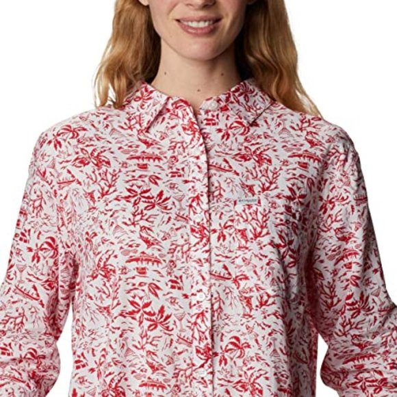 🆕Columbia Women's Slack Water Woven Long Sleeve Shirt, Red Spark Kona Print,NWT - Picture 1 of 6